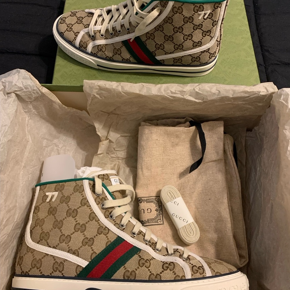 Gucci Beige and Green High-Top Sneakers